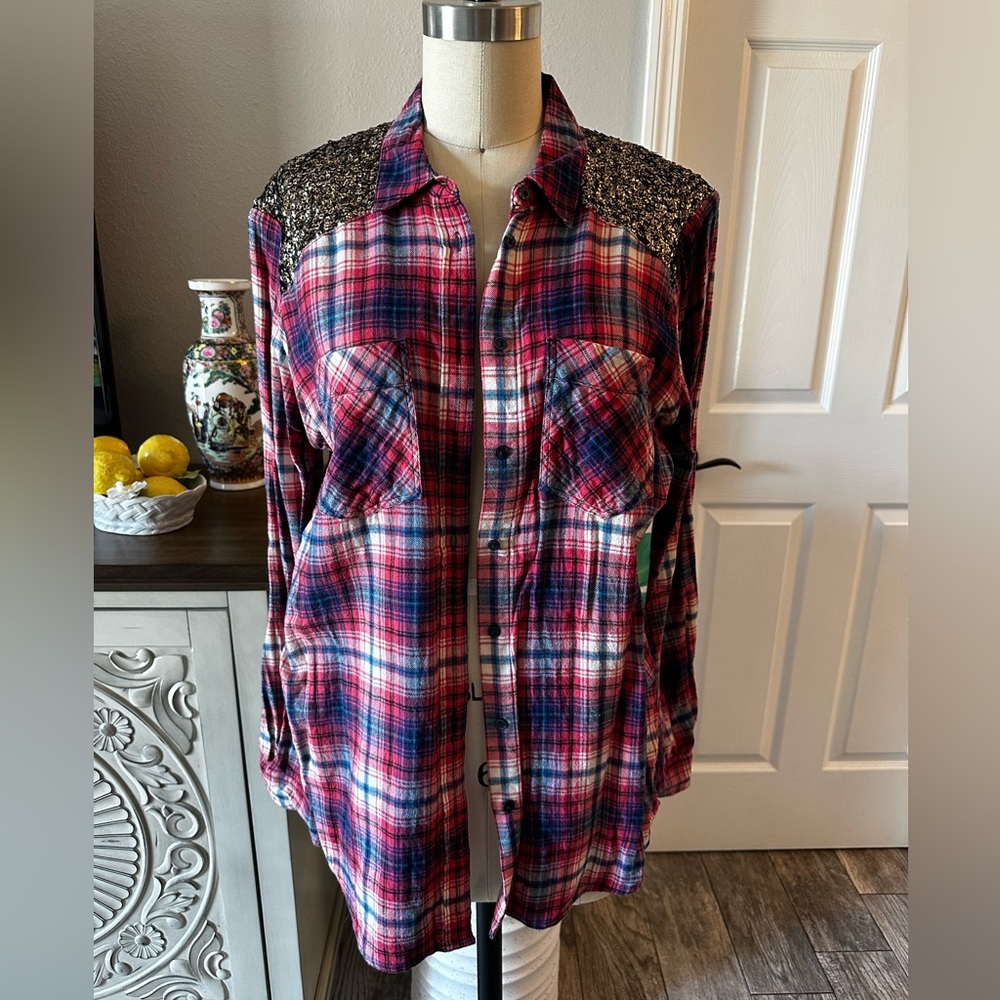 Express Plaid Sequin Button Down Sz. M
